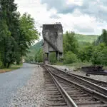 Historic coaling tower towering above the railroad tracks in Thurmond within the New River Gorge.