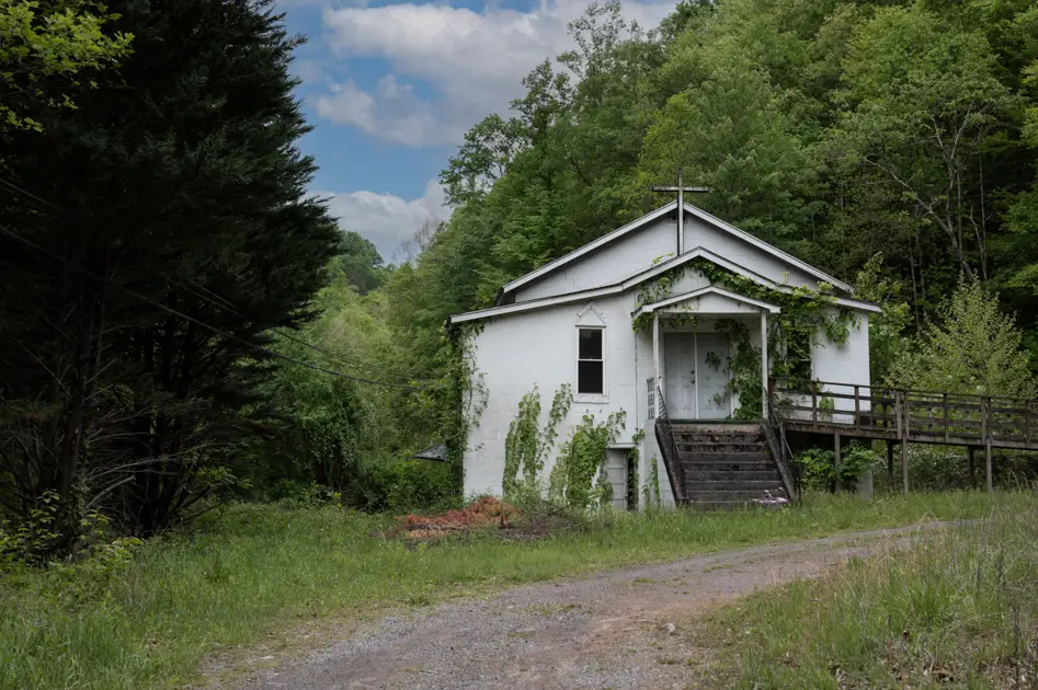 Abandoned church along the mountain road between Coalwood and War in southern Appalachia.