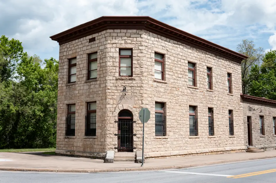 Historic 1909 bank building in Glen Jean surrounded by the Appalachian mountains.